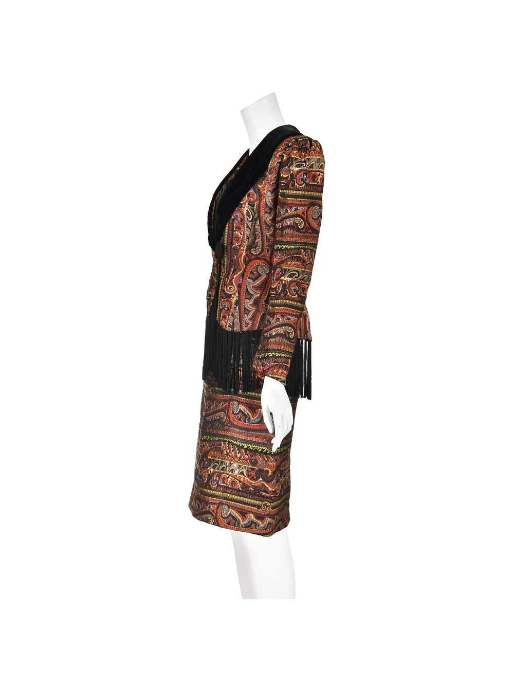 ZANDRA RHODES Rare '80s Jacquard Suit w/Velvet Lapels & Long Black Fringe, SZ SM - Picture 5 of 9
